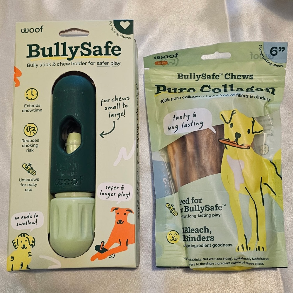 Woof BullySafe Bully Stick Chew Holder and Bag of Pure Collagen Chews